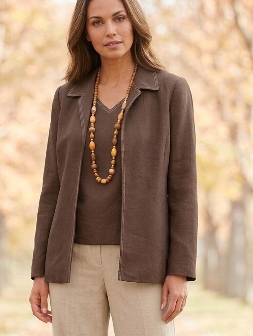Women's Linen Blend 2pc Set Brown Blazer & Sleeveless Top Career Office Suit